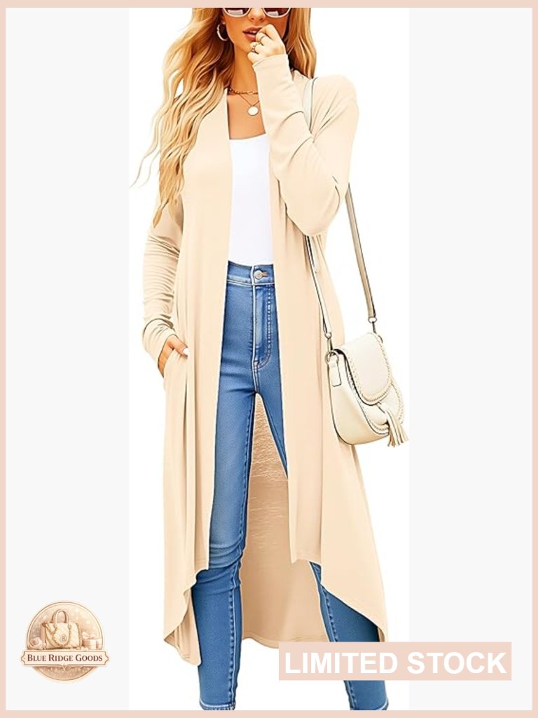 Womens Long Cardigan Open Front Duster Lightweight With Pockets Summer Casual
